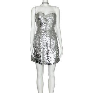 Sherri Hill 100% Silk Silver Sequin Strapless Cocktail Prom Dress. Size 4. Flaws